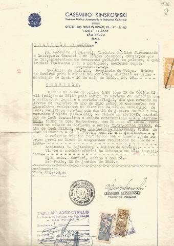 Certid�o de casamento de Szyja Rojtenberg e Zlata Guitta Zilberman