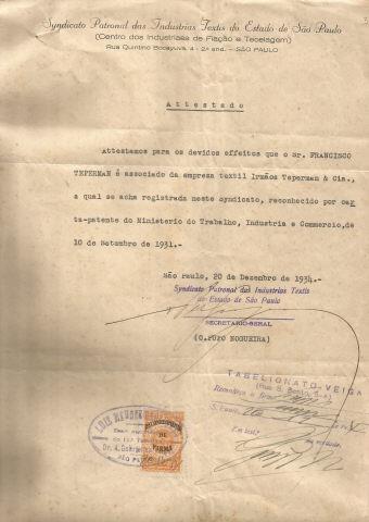Atestado do Sindicato Patronal da Industrias Texteis