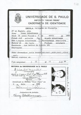 Carteira de identidade da Faculdade de Filosofia de Fanny Schechtman Tabacow Hidal