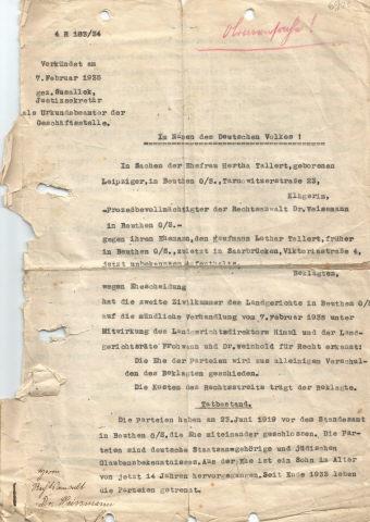 Declara��o de div�rcio de Herta Tallert e Lothar