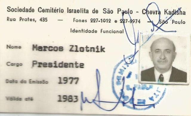 Carteirinha da Sociedade Cemit�rio Israelita de S�o Paulo (Chevra Kadisha) de Marcos Zlotnik