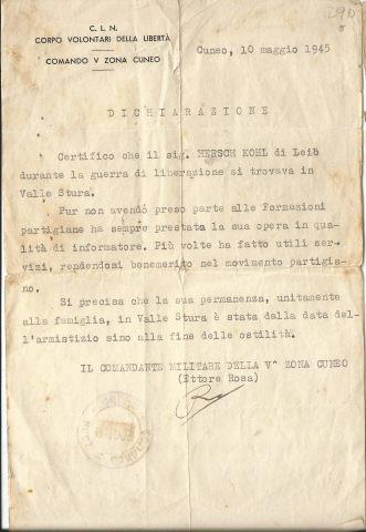 Declara��o de que Hersch Kohl esteve no  Valle Sturo durante a 2� Guerra Mundial