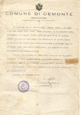 Carta de prefeito de Demonte declarando que fam�lia Kohl estava escondida em Demonte