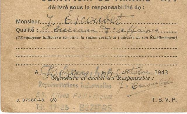 Certificado de trabalho de J. Escoubet