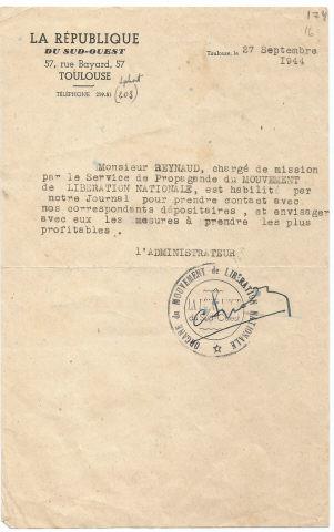 Carta para Raynaud do Movimento de Liberta��o Nacional
