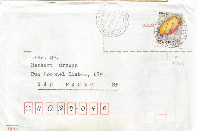 Envelope com Carta para Herbet Orowan de Helmut Matar�