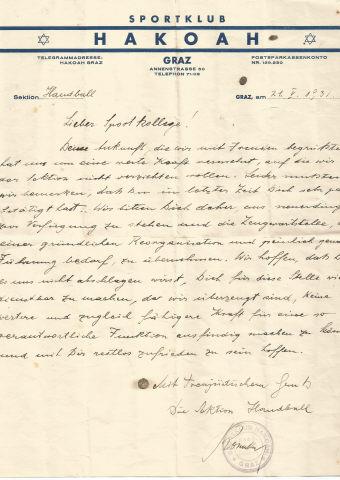 Carta da sess�o de handball do Hakoach Sportklub Macabi