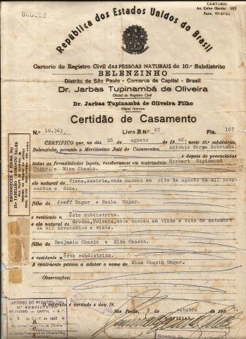 Certid�o de casamento de Herbert Sigismond Ungar e Mina Chasin