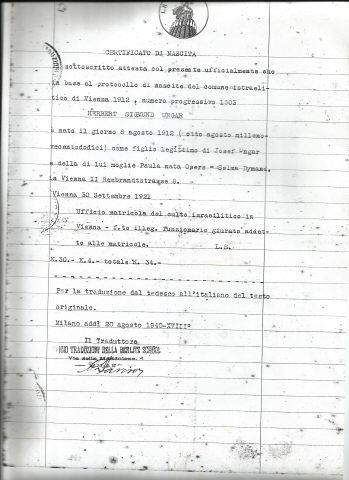 Certificado de nascimento italiano de Herbert Ungar