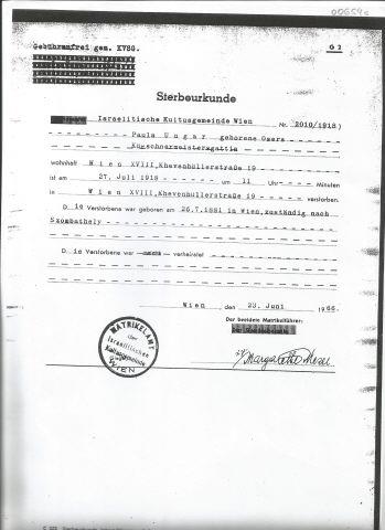 Documento austr�aco em alem�o de Paula Ungar (nascida Osers)