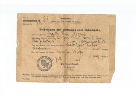Documento alem�o de nascimento de Brigitte Kroner Baruch