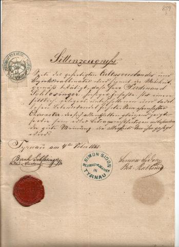 Certificado de bons antecedentes de Ferdinand Sehlesinger