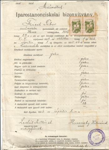 Certificado de escola t�cnica industrial de Tibor Freid Egedi