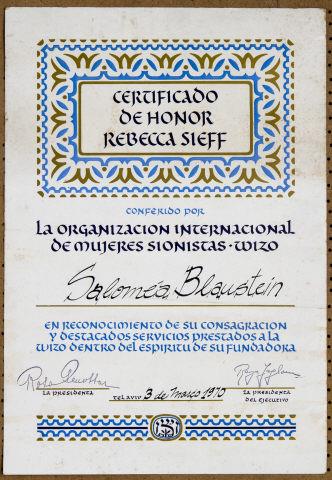 Certificado de honra da WIZO de Salom�ia Blaustein